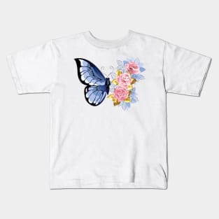 Blue Butterfly with Roses Kids T-Shirt